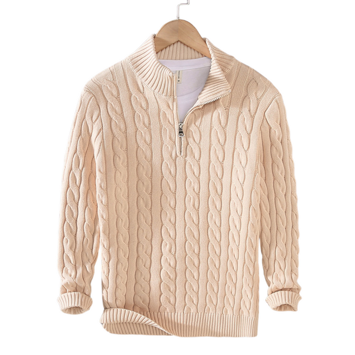 Men's stylish cable knit quarter zip pullover sweater, ideal for winter layering & elegant casual wear.