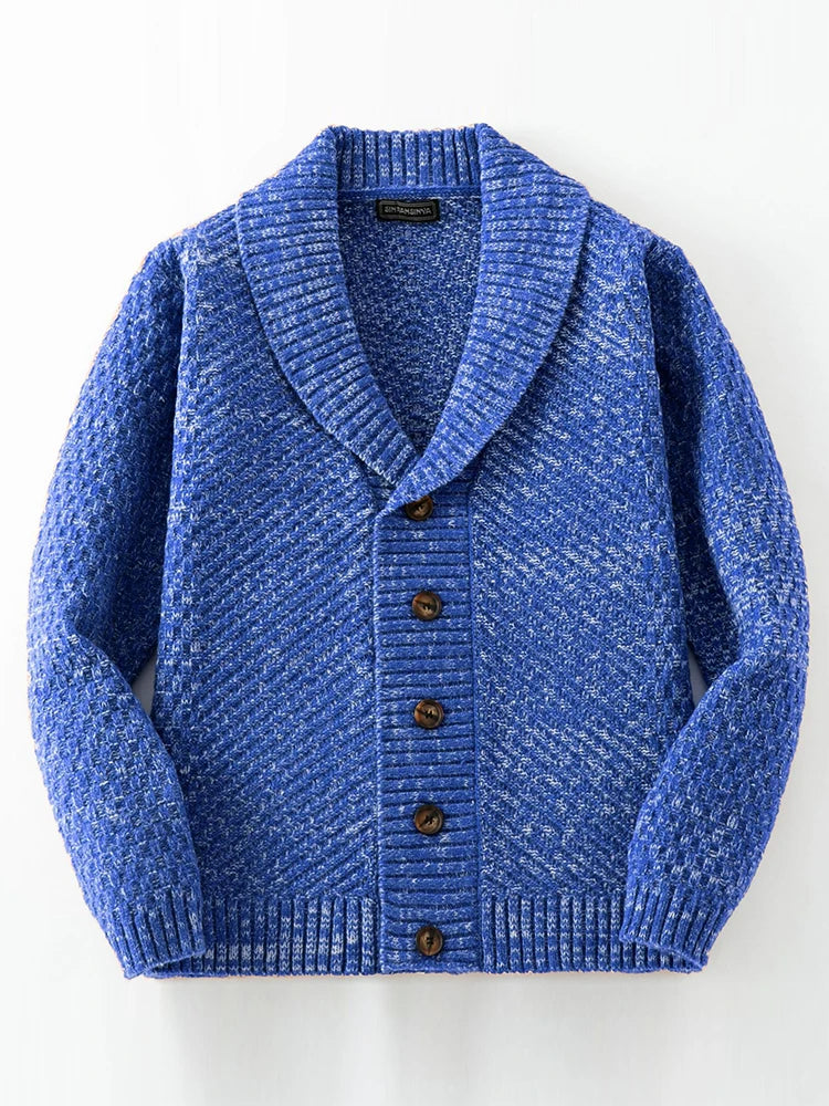 Men's elegant shawl collar button-front knit sweater. Versatile for casual & semi-formal wear, offering comfort & style.
