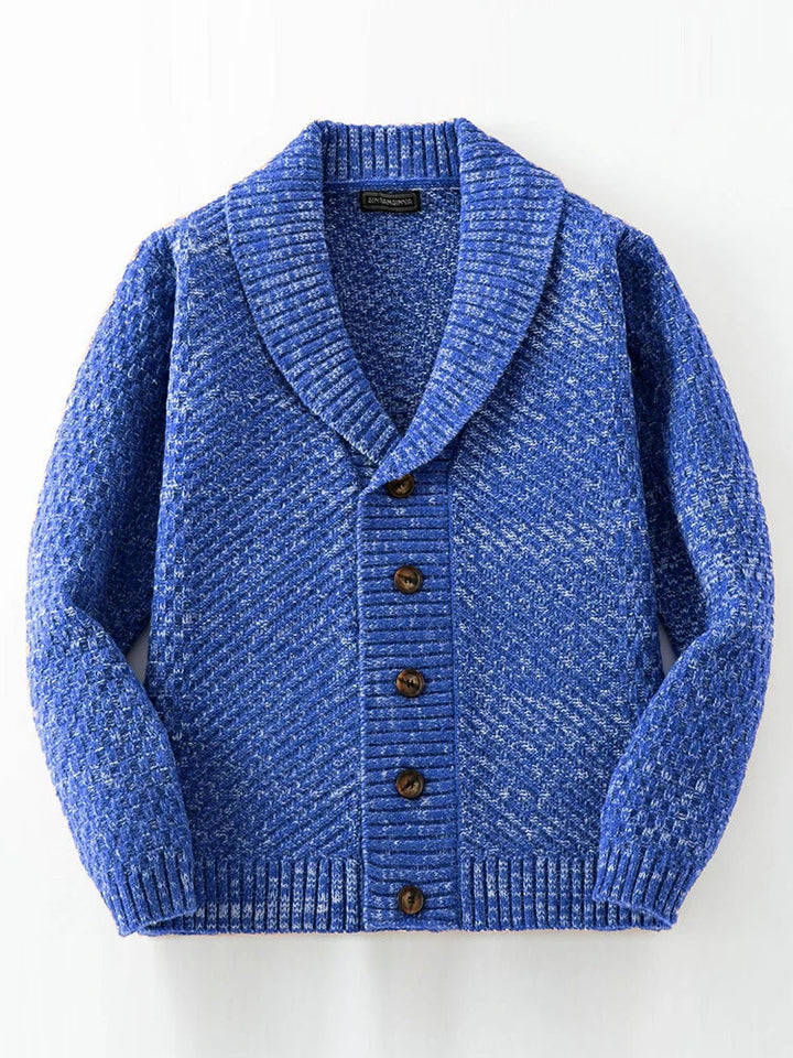 Men's elegant shawl collar button-front knit sweater. Versatile for casual & semi-formal wear, offering comfort & style.