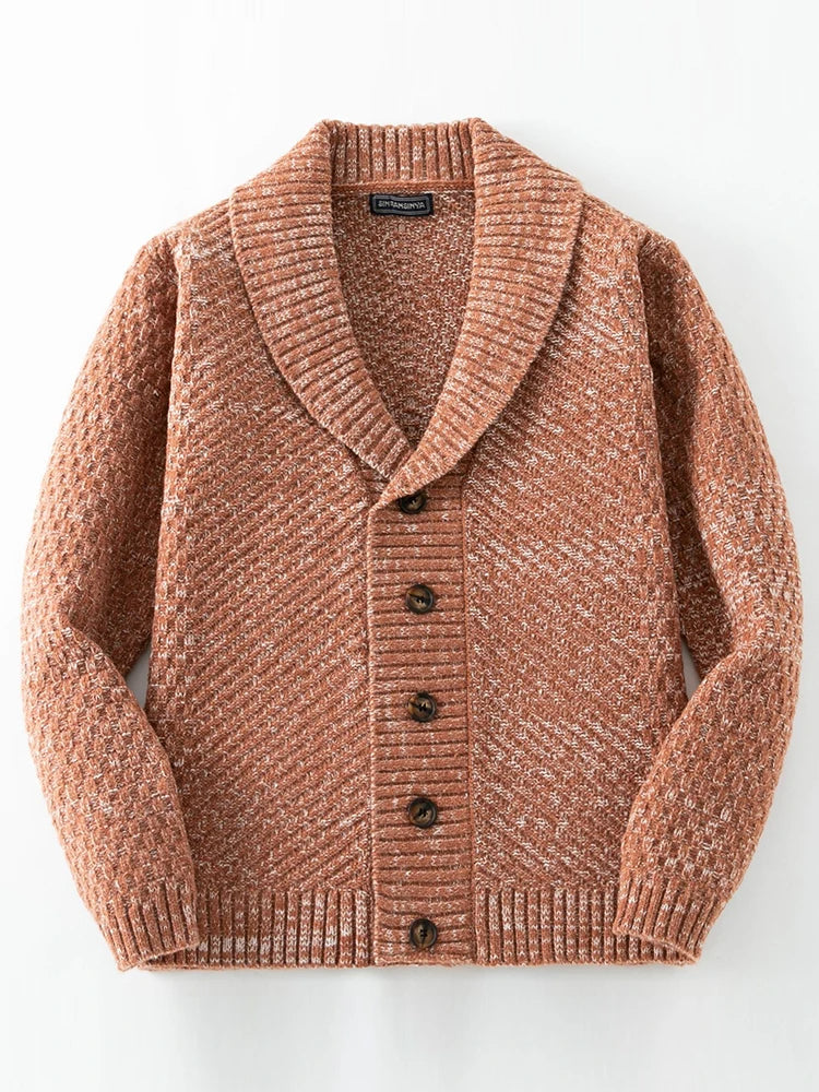 Comfortable men's knit sweater with a sophisticated shawl collar & button-front. Great for layering, casual, or semi-formal looks.