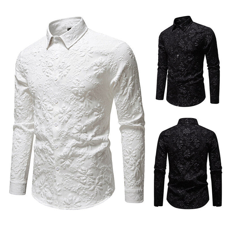 Men's elegant slim-fit long sleeve shirt with intricate floral relief pattern, ideal for smart casual or formal menswear.
