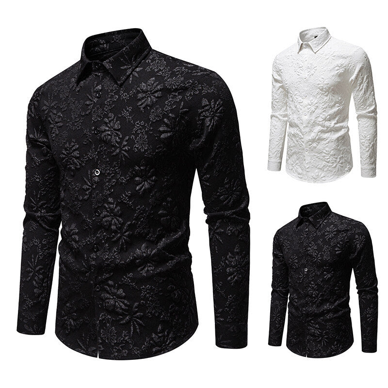 Close-up detail of the unique floral relief pattern on an elegant men's long sleeve shirt fabric, showcasing texture.