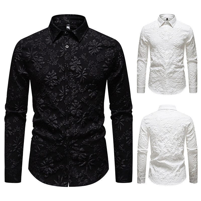 Full product view: sophisticated men's long sleeve shirt featuring an all-over floral relief pattern, perfect for formal wear.