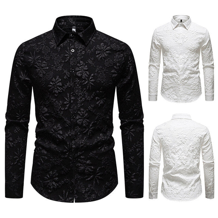 Full product view: sophisticated men's long sleeve shirt featuring an all-over floral relief pattern, perfect for formal wear.