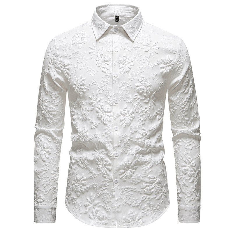 Detail of collar and cuffs on a men's elegant long sleeve shirt, highlighting the subtle floral relief pattern design.