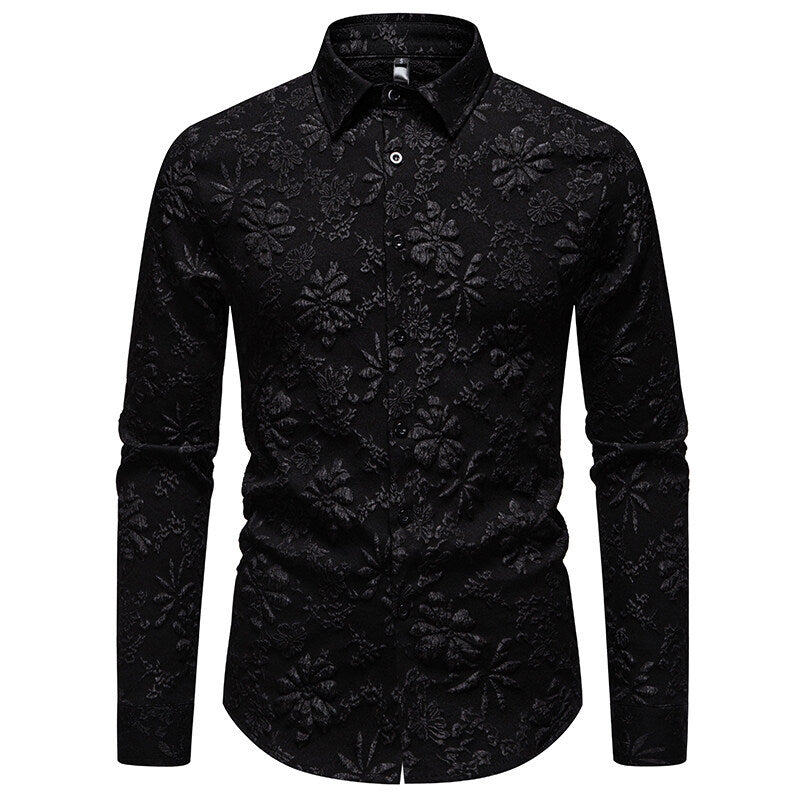 Flat lay of a men's smart casual long sleeve shirt with a distinctive floral relief pattern, showcasing its unique style.