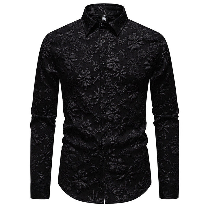 Flat lay of a men's smart casual long sleeve shirt with a distinctive floral relief pattern, showcasing its unique style.