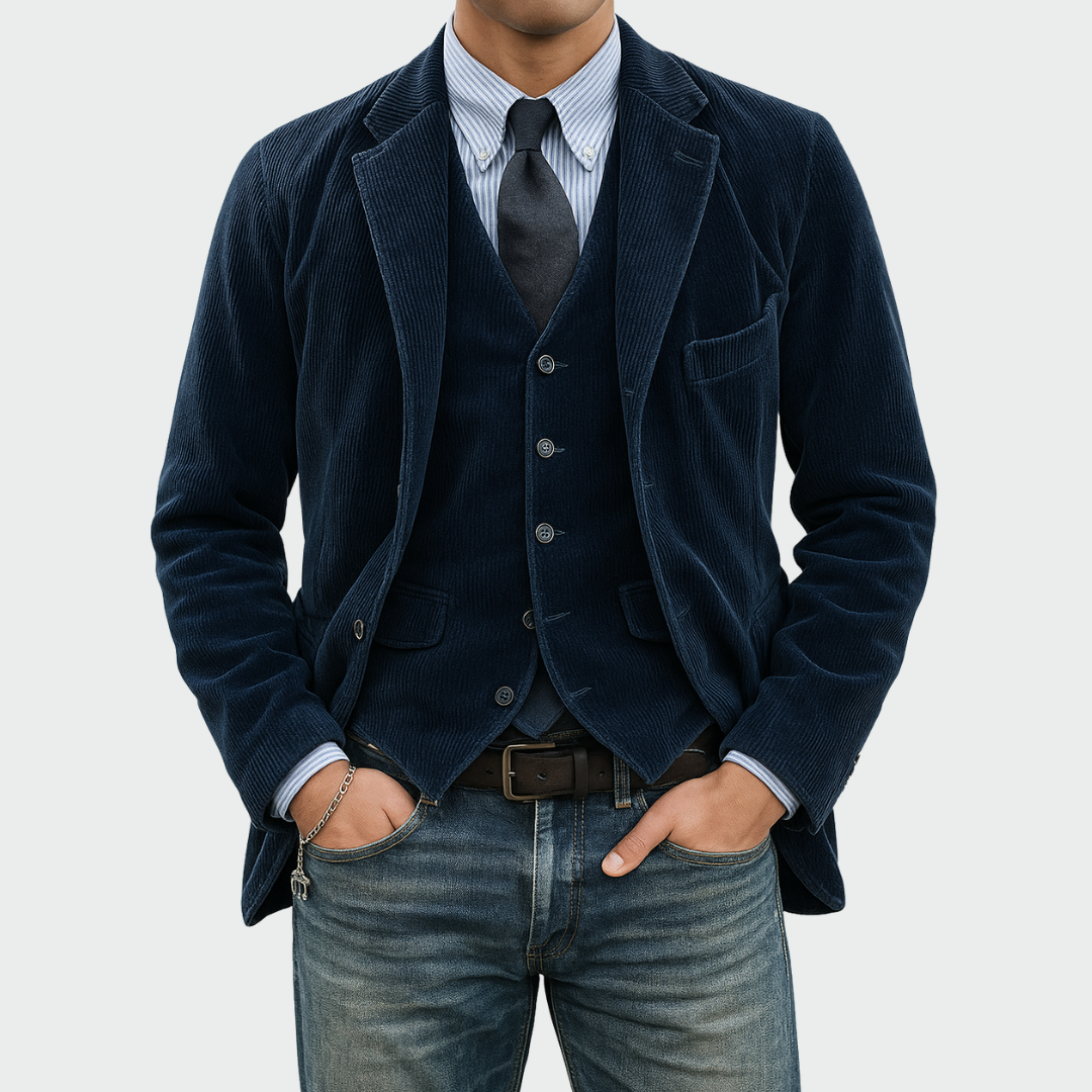 Men's elegant tailored blazer & vest suit set in dark grey, ideal for formal business attire
