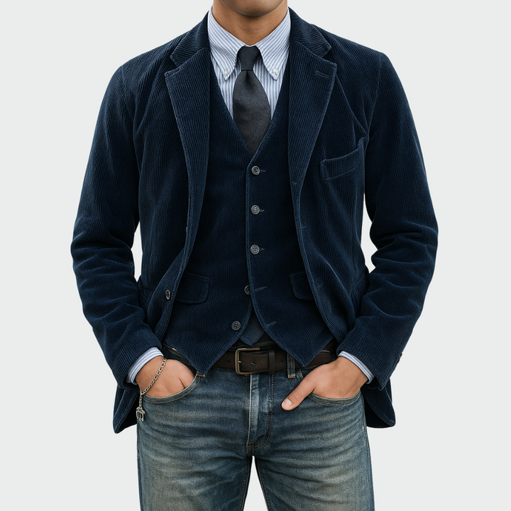 Men's elegant tailored blazer & vest suit set in dark grey, ideal for formal business attire