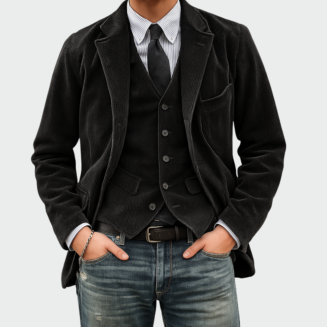 Stylish men's two-piece suit set with a tailored blazer and matching vest suitable for weddings