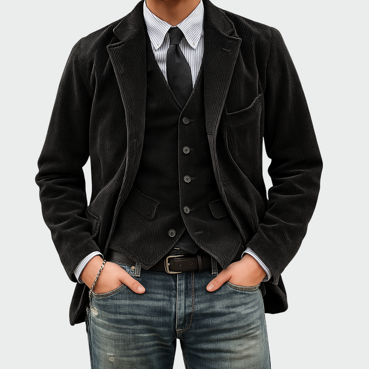 Stylish men's two-piece suit set with a tailored blazer and matching vest suitable for weddings