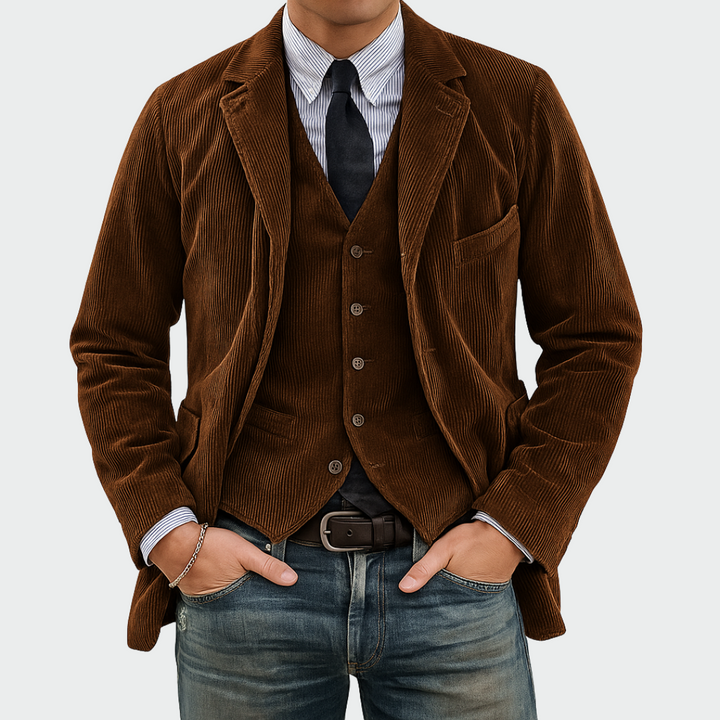 Close-up of a men's sophisticated black tailored jacket from an elegant suit set, perfect for formal wear