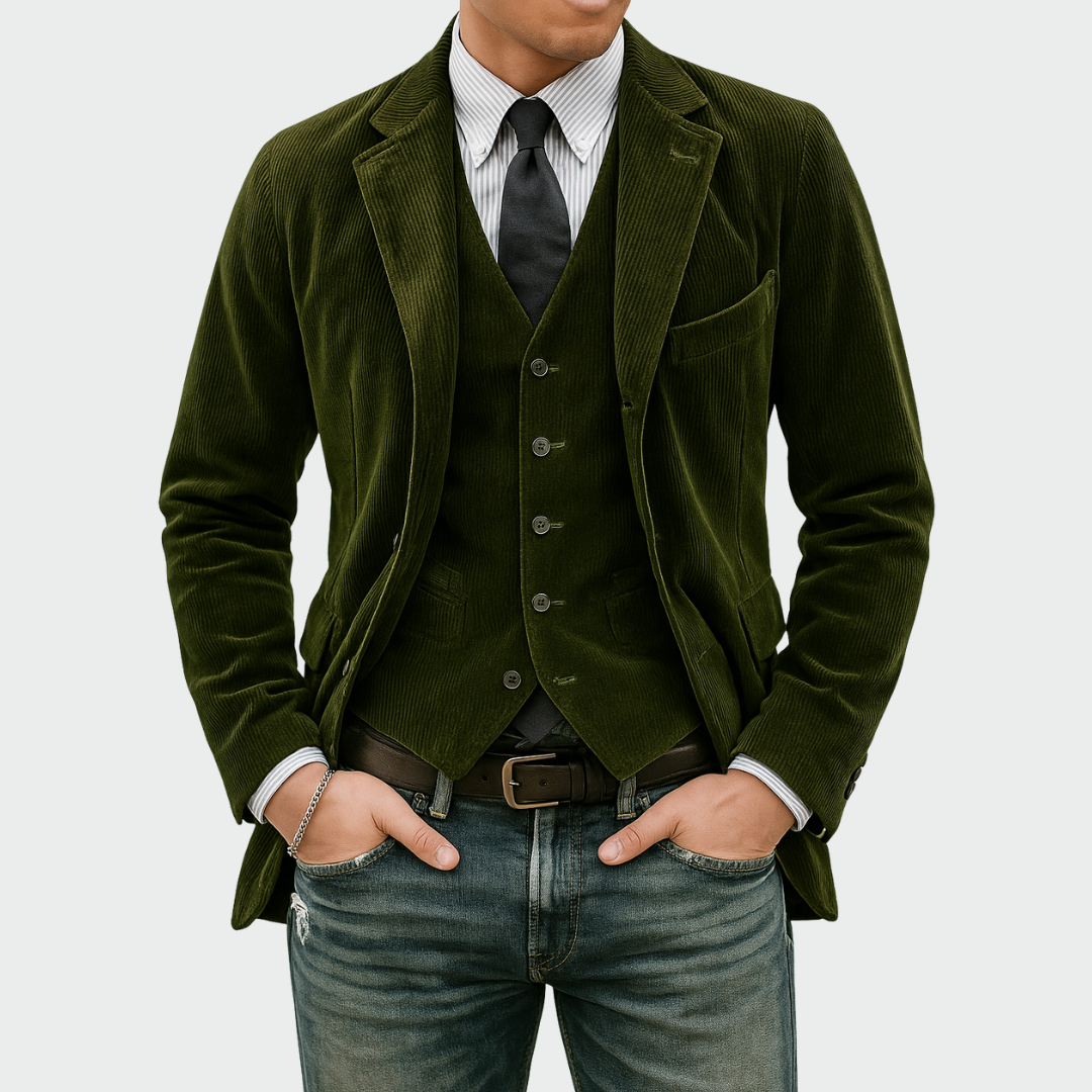 Front view of a men's business attire suit set, featuring a well-fitted blazer and vest, men's fashion