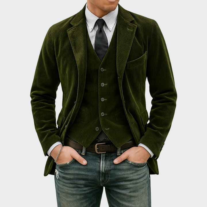 Front view of a men's business attire suit set, featuring a well-fitted blazer and vest, men's fashion