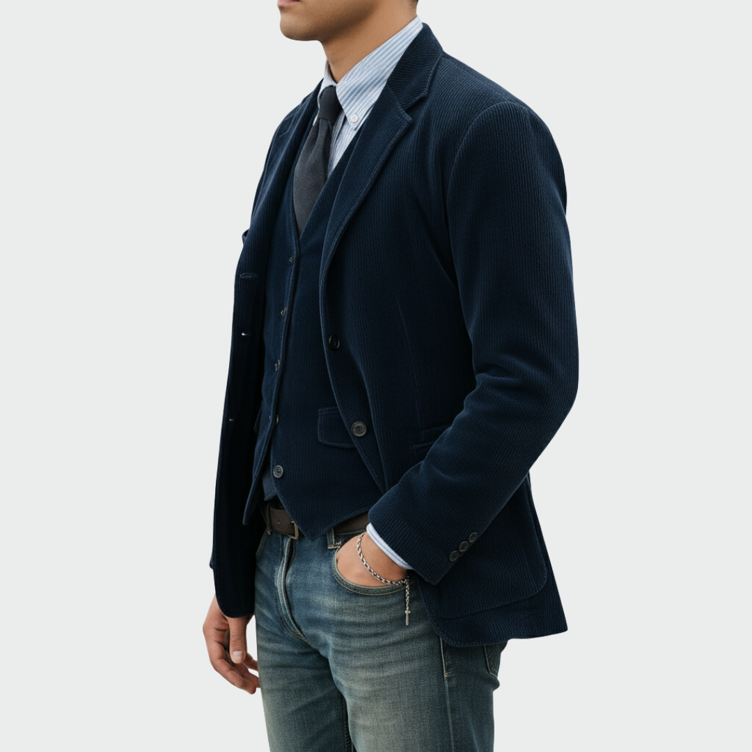 Men's formal wear suit set including a classic tailored blazer and matching vest, versatile and elegant
