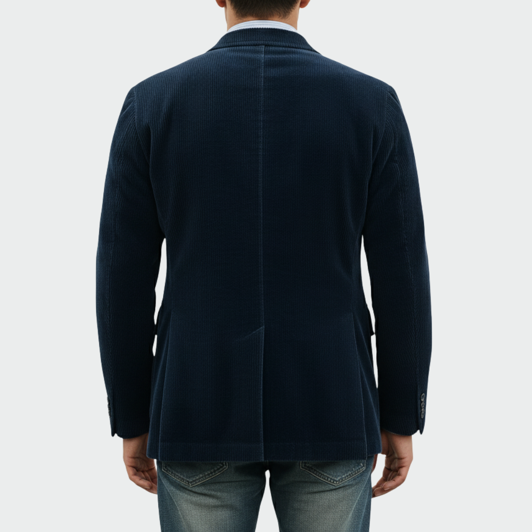Side profile of a men's complete suit set, showcasing a chic tailored jacket and vest, for special occasions