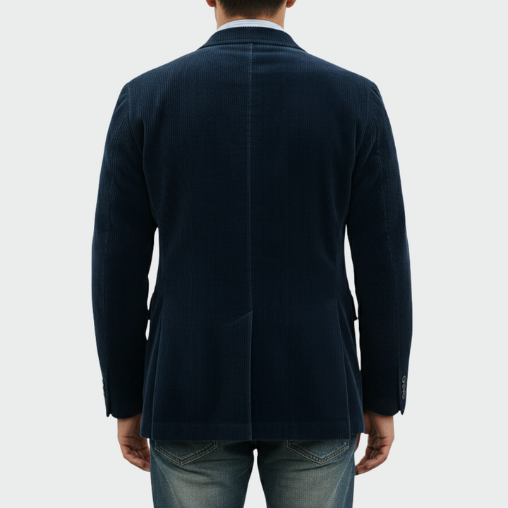 Side profile of a men's complete suit set, showcasing a chic tailored jacket and vest, for special occasions