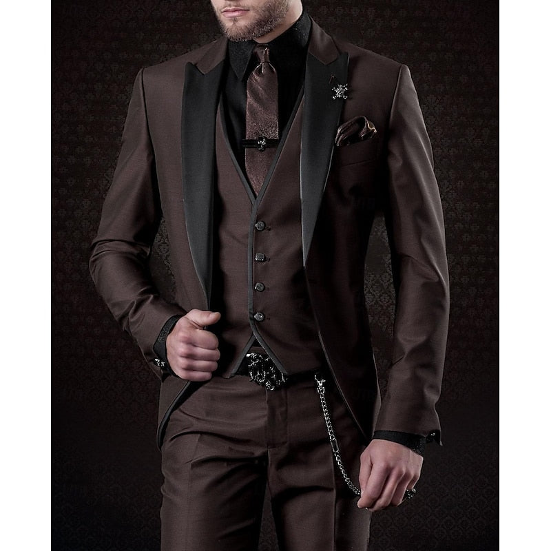 Classic menswear three-piece suit: a tailored blazer, matching vest, and comfortable trousers for any event.