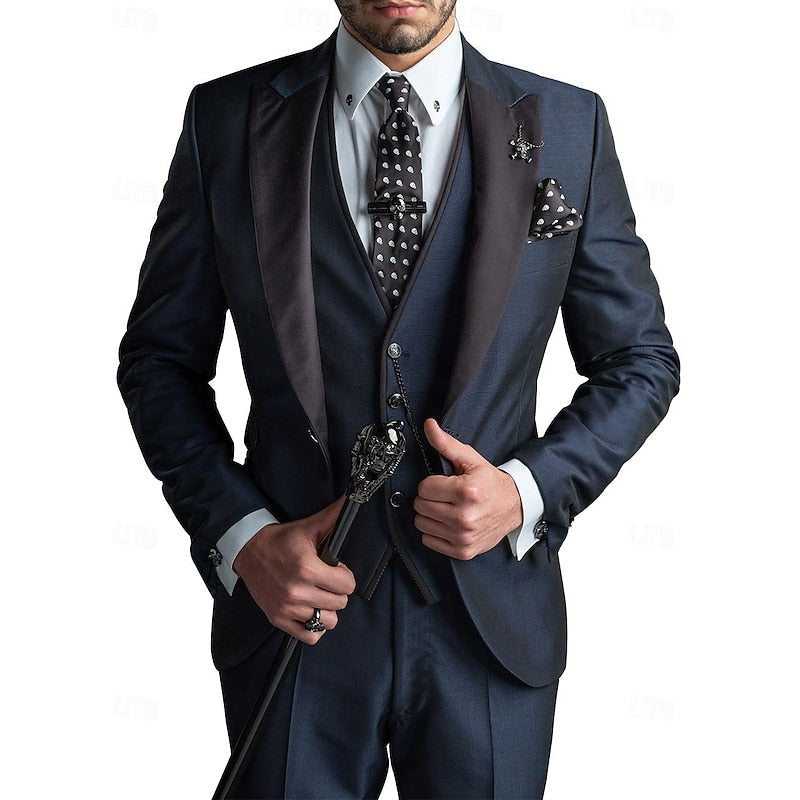Complete men's formal three-piece suit set with a blazer, vest, and trousers, designed for elegance.