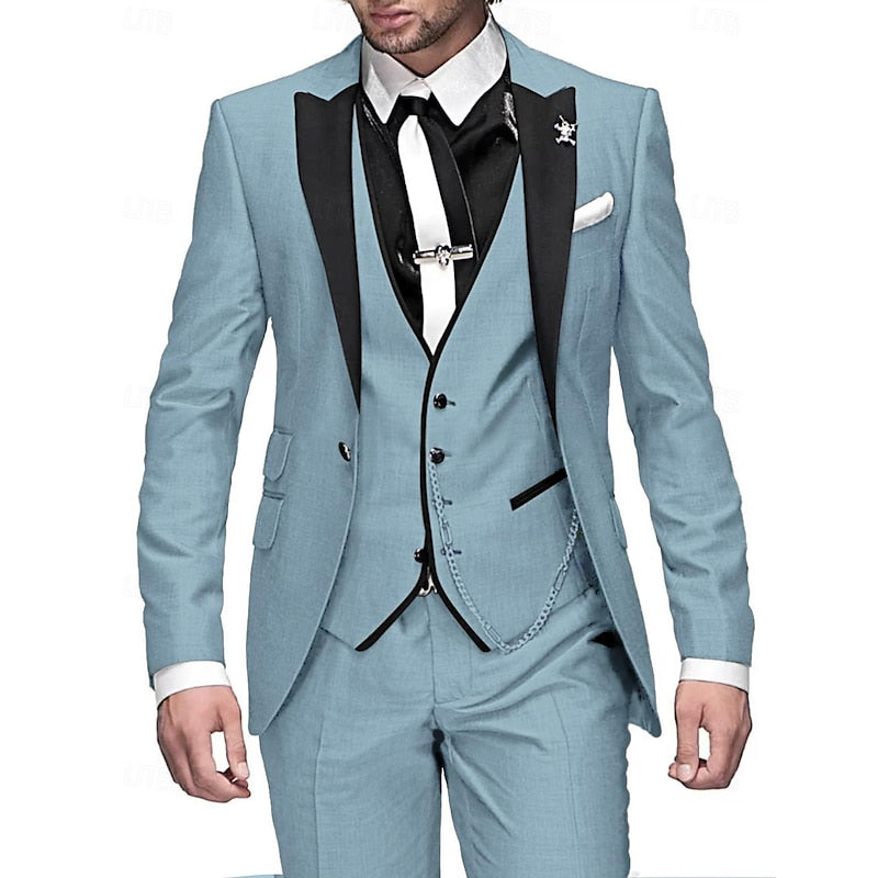 Versatile men's three-piece suit, a complete set with blazer, vest, & trousers for business & weddings.