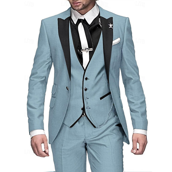 Versatile men's three-piece suit, a complete set with blazer, vest, & trousers for business & weddings.
