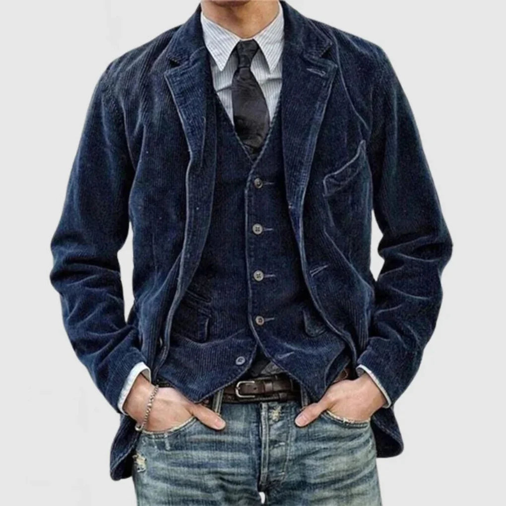 Men's elegant vintage blazer and vest set, tailored fit, perfect for formal wear.