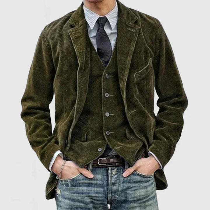 New men's elegant vintage blazer and vest set, ideal for classic style and formal occasions.