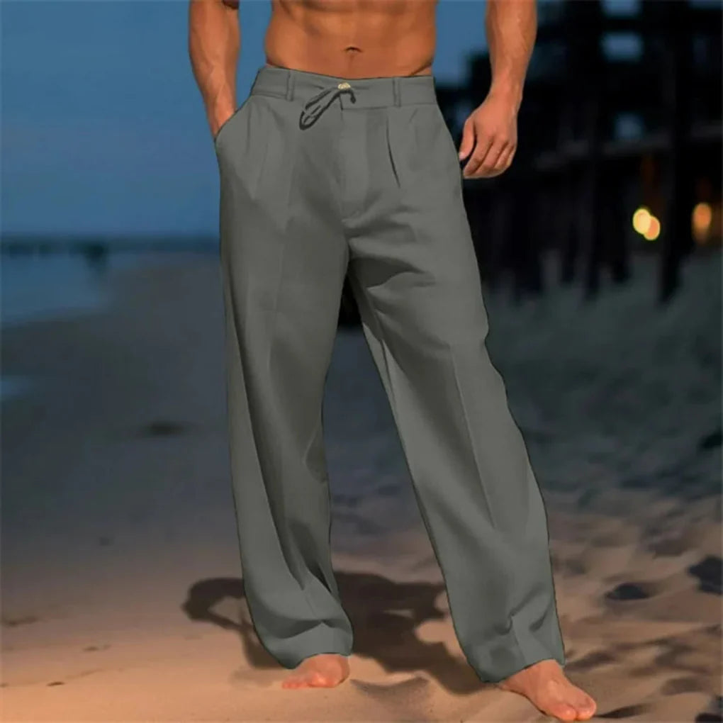 Men's elegant white linen trousers, straight leg, for summer casual wear
