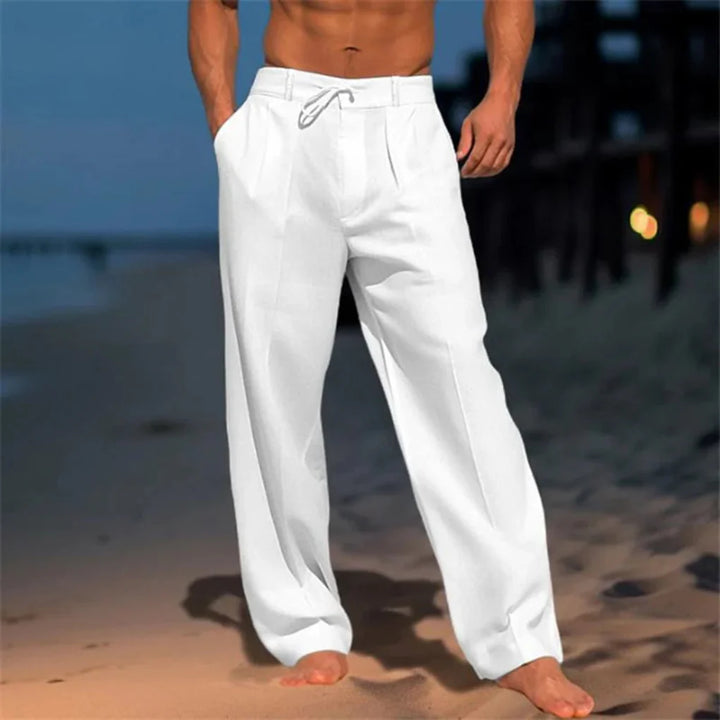 Stylish men's beige linen trousers, breathable, ideal for summer fashion