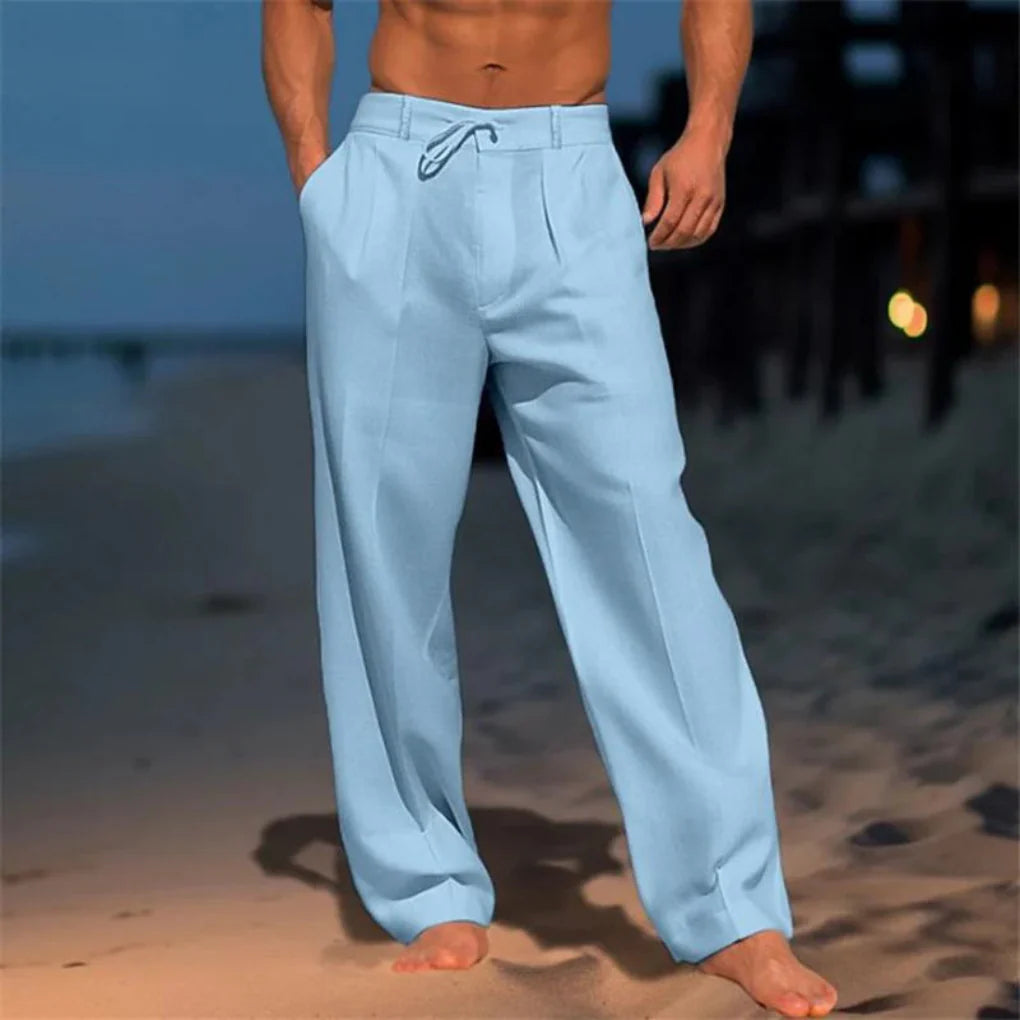 Close-up of fabric on men's linen trousers, showcasing breathable texture