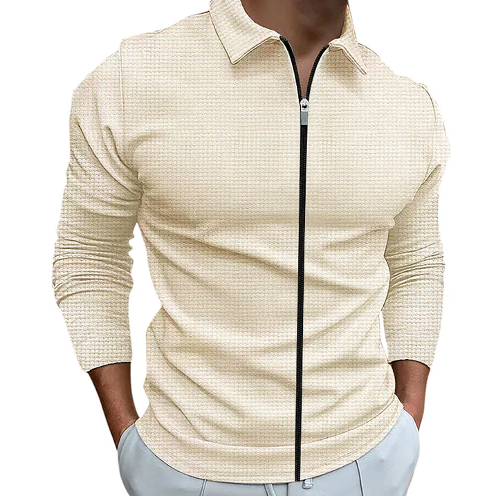 Comfortable long sleeve men's zip-up shirt, ideal for versatile casual and smart-casual outfits.