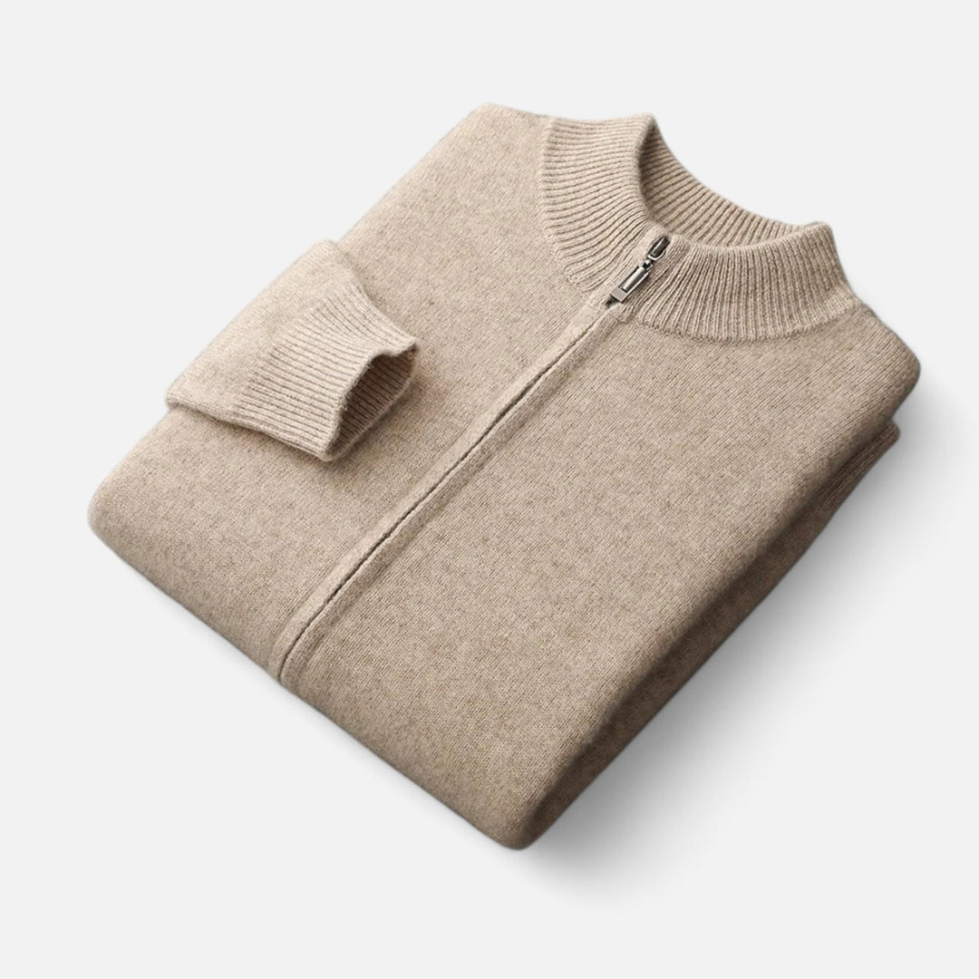 Elegant men's cardigan with full zipper, great for layering. Comfortable and versatile smart casual wear.