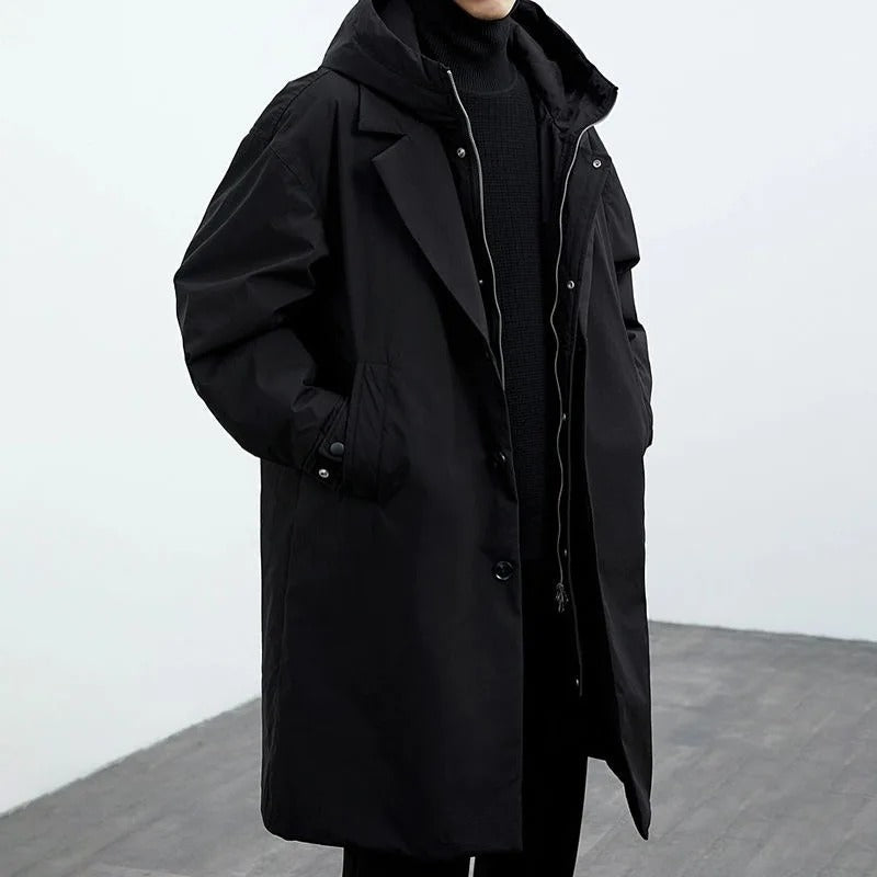 Stylish men's insulated parka, all-weather outerwear with a detachable hood and warm winter design.