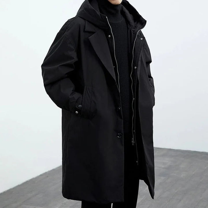 Stylish men's insulated parka, all-weather outerwear with a detachable hood and warm winter design.