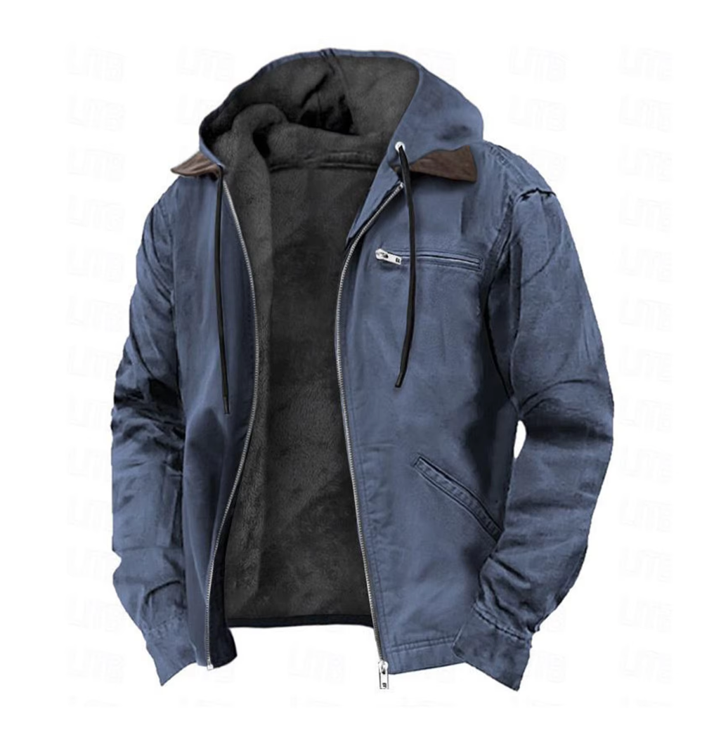 Front view of men's hooded zip-up jacket featuring a chest pocket, ideal for casual everyday wear & layering.