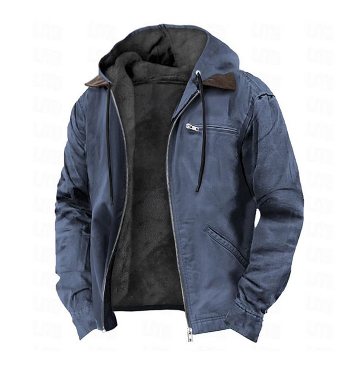 Front view of men's hooded zip-up jacket featuring a chest pocket, ideal for casual everyday wear & layering.