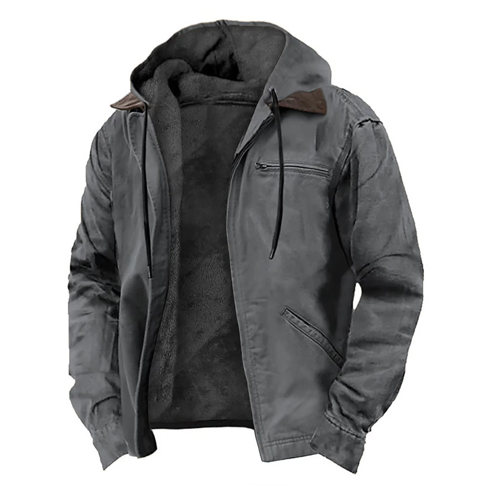 Comfortable men's hooded zip-up jacket, a go-to for versatile layering and casual style, perfect for fall/spring.
