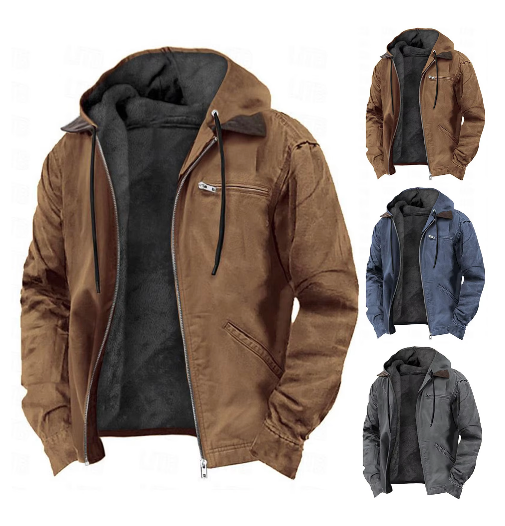 Close-up of the hood & full zip on a men's everyday comfort jacket, highlighting durable design & versatile style.