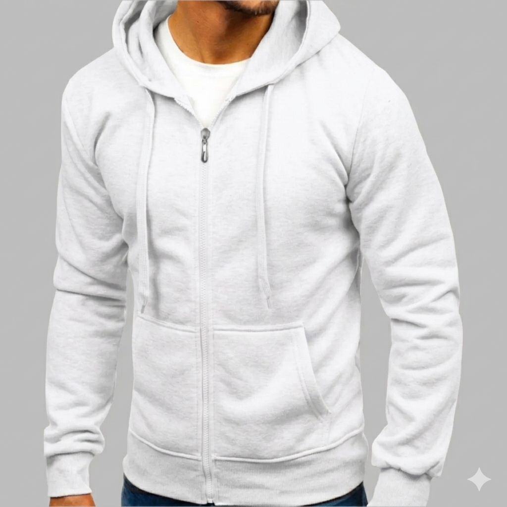 Stylish men's zip-up hoodie worn by a model, showcasing its versatile casual wear & cozy comfort.
