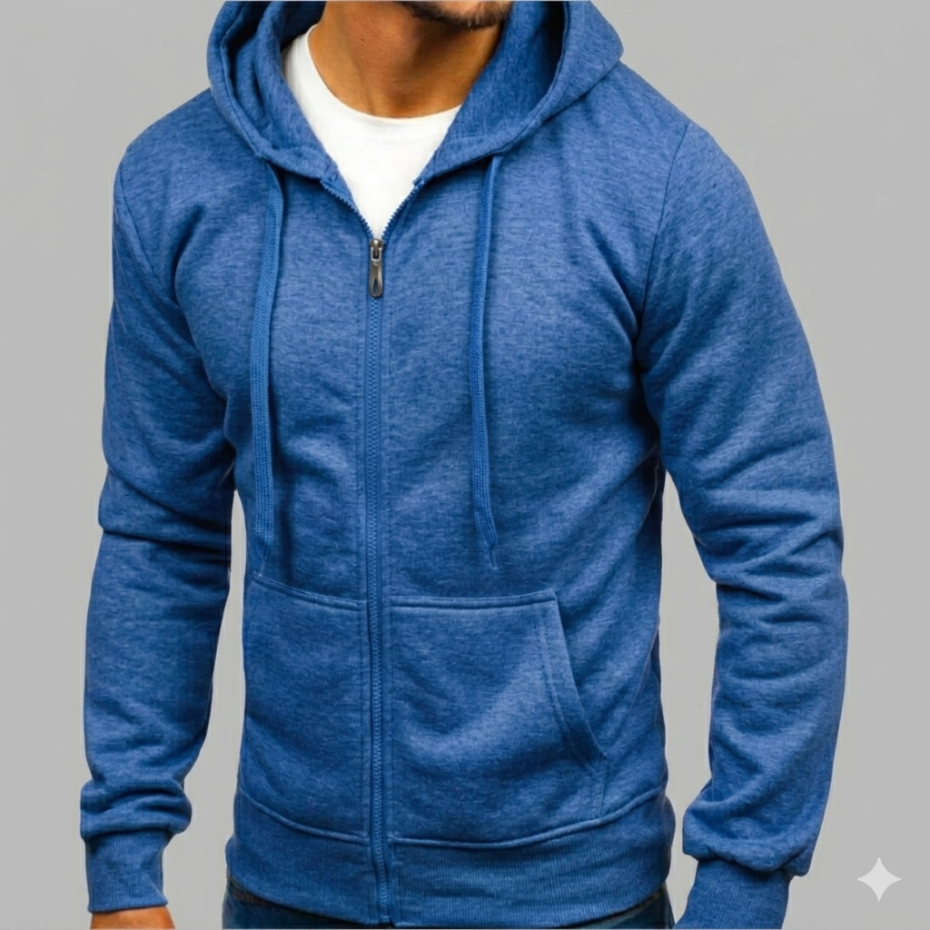 Back view of a versatile men's zip-up hoodie, ideal for everyday comfort and layering in fall/spring.