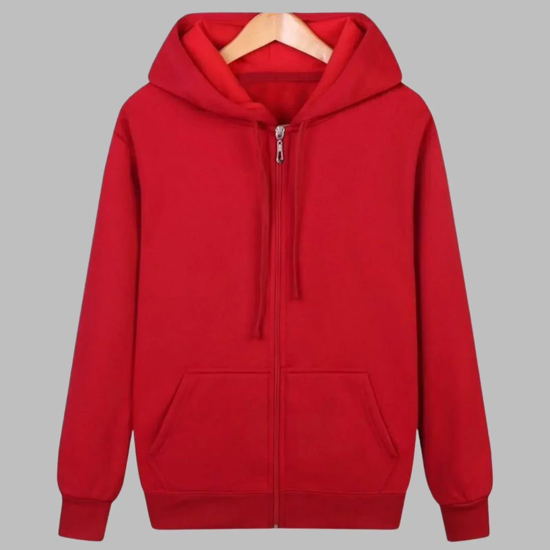 Durable zipper & pockets on a comfortable men's everyday hoodie, perfect for versatile layering.