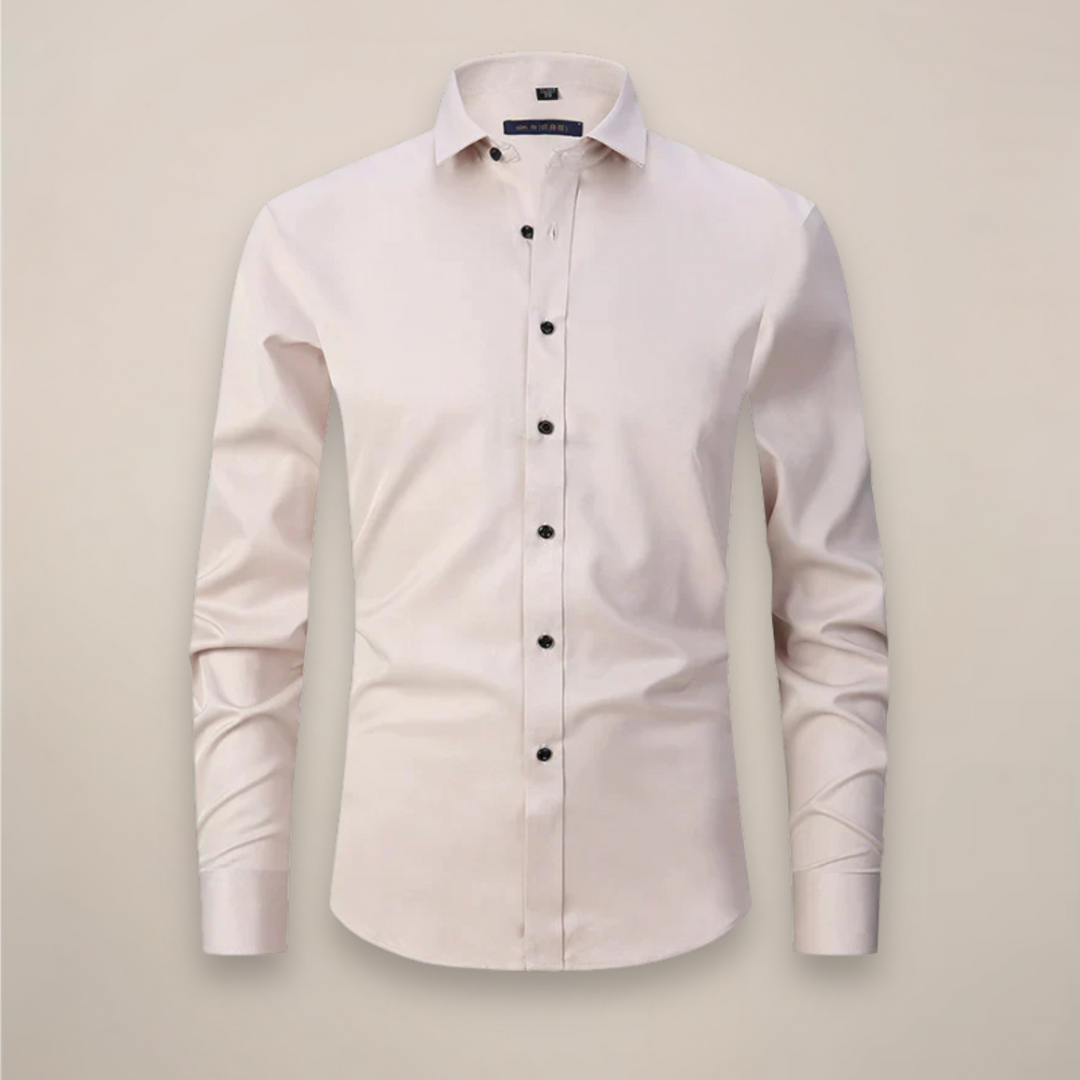 Back view of men's tailored long sleeve spring shirt, showing fit, mensapparel