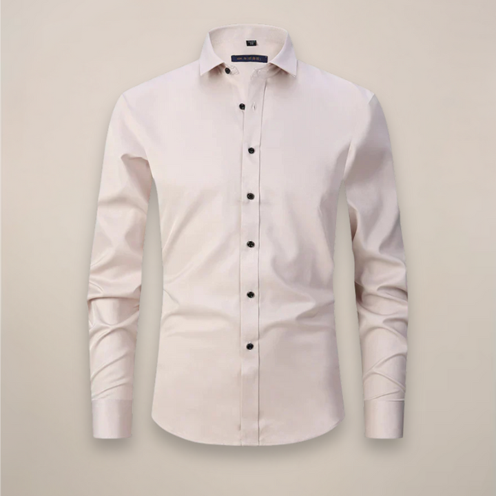Back view of men's tailored long sleeve spring shirt, showing fit, mensapparel