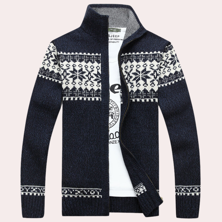 Men's Fair Isle pattern zip-up jacket with stand collar, perfect for cozy winter fashion & casual outerwear.