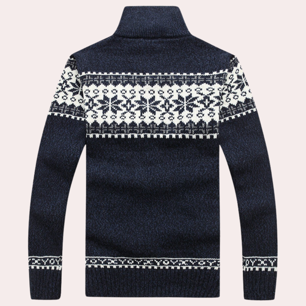 Stylish men's Fair Isle zip-up jacket featuring unique snowflake pattern, ideal for cold weather cozy style.