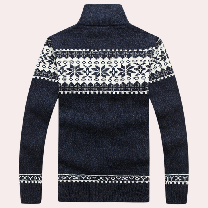 Stylish men's Fair Isle zip-up jacket featuring unique snowflake pattern, ideal for cold weather cozy style.
