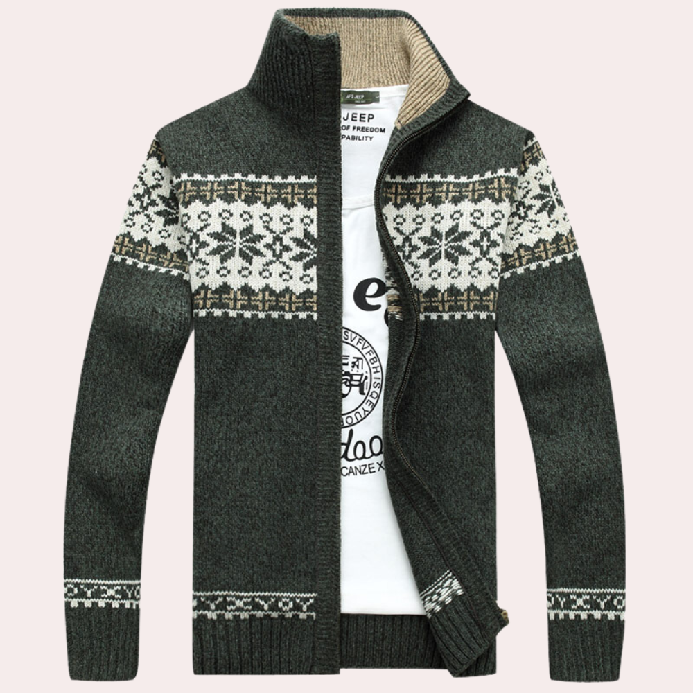 Casual men's zip-up jacket in a classic Fair Isle pattern, perfect unique design outerwear for cold weather.