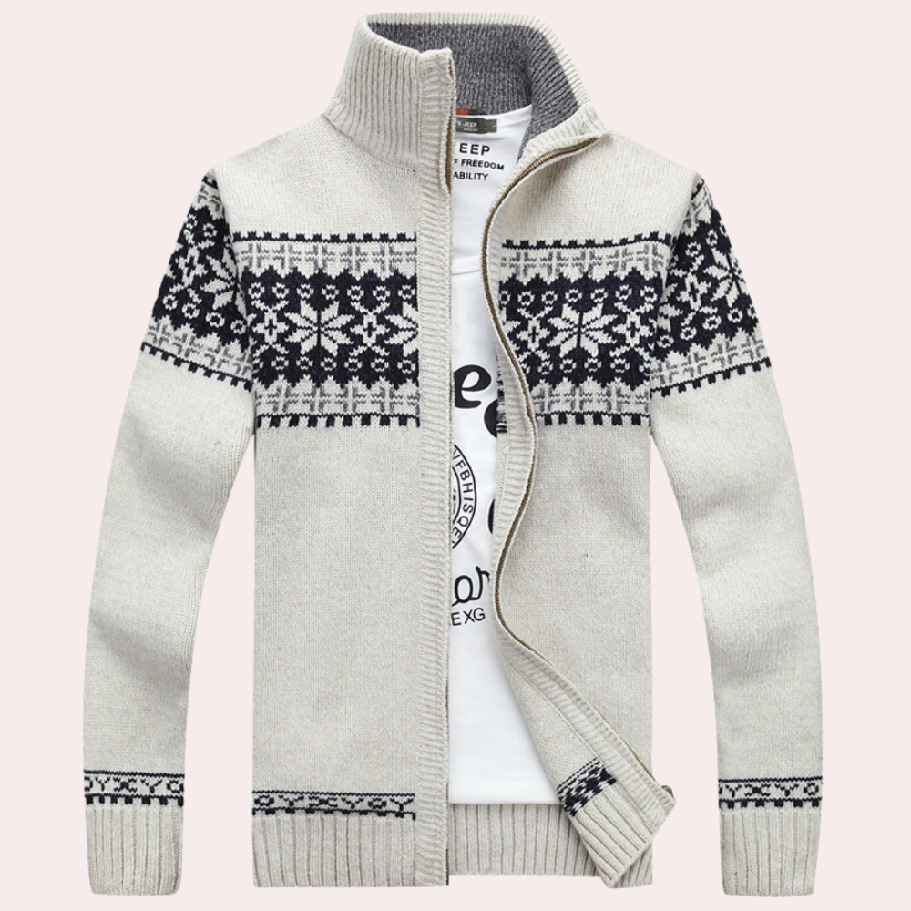 Warm men's Fair Isle pattern full-zip jacket. Cozy, stylish outerwear with stand collar for winter fashion.