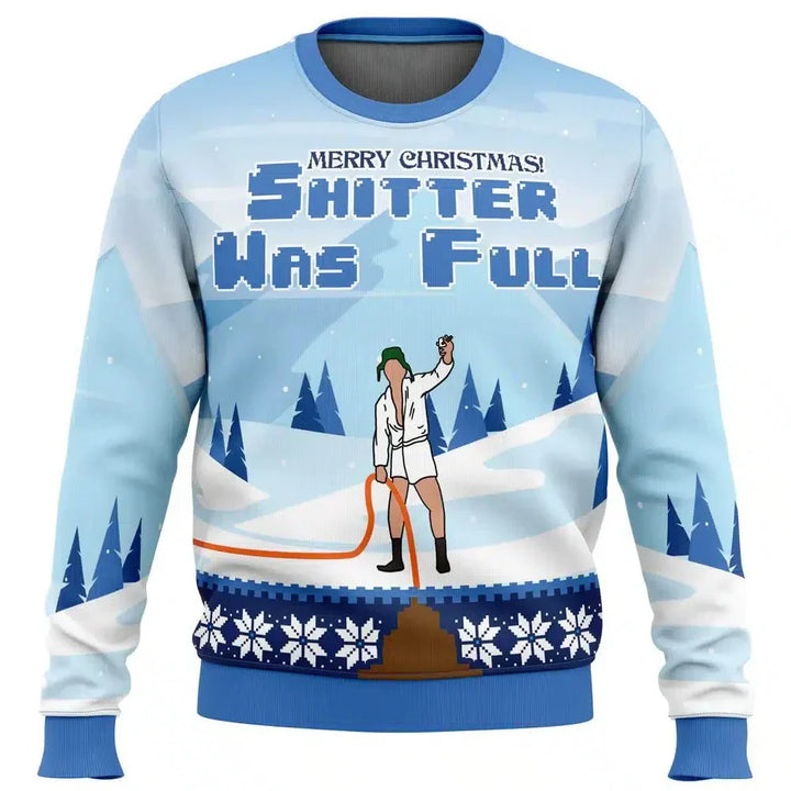Men's festive red ski theme Christmas sweater with snowflakes and mountains, ideal for holidays.
