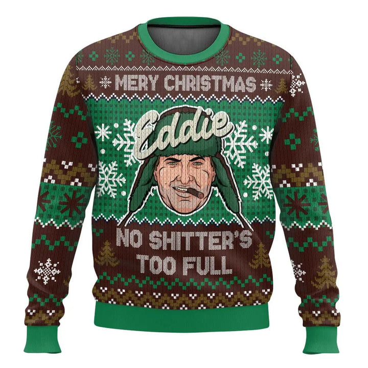 Men's comfort fit funny Christmas sweater with a playful ski lift and reindeers, holiday apparel.